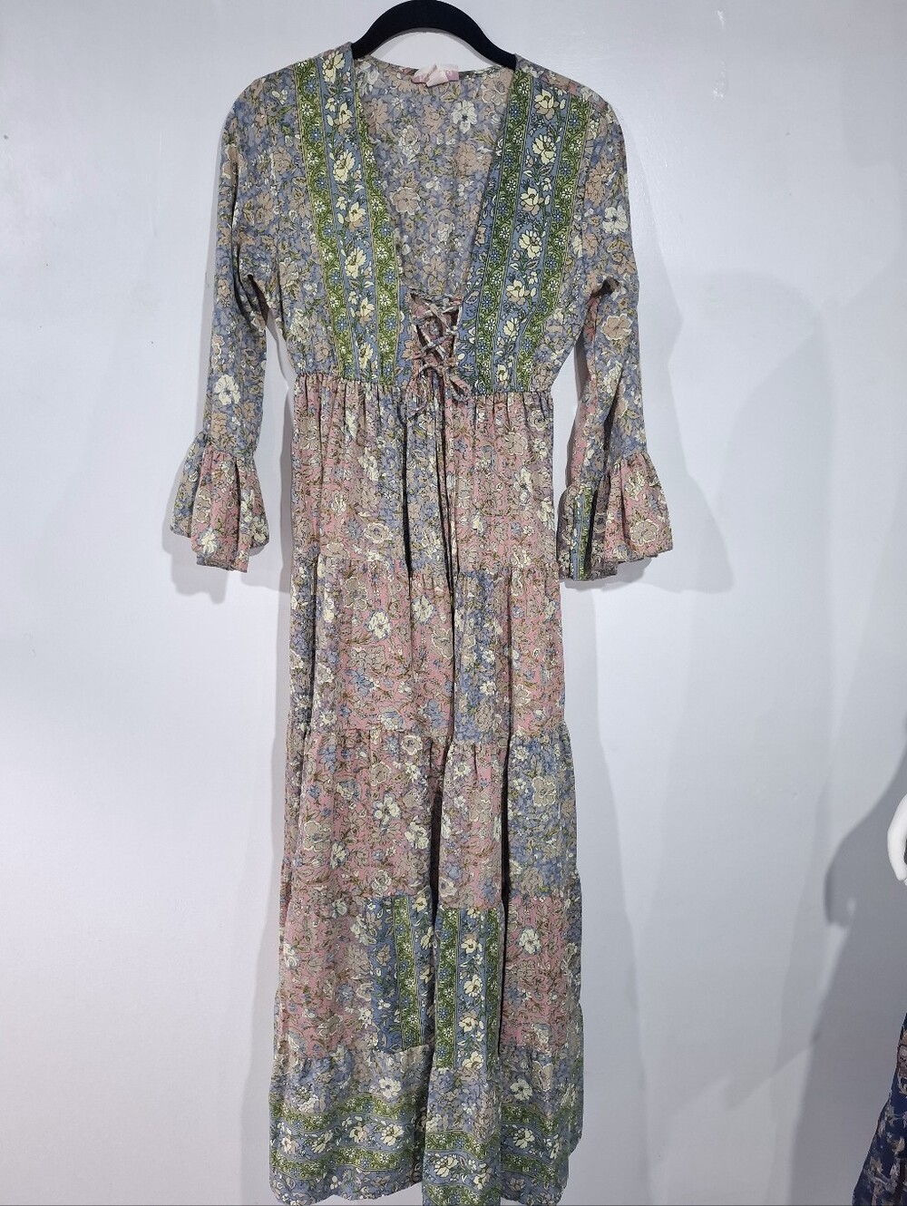 Boemo Lace-Up Tassel Maxi Dress Floral Multi Print S Cottagecore Paisant Layered - Picture 2 of 13